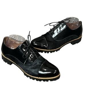 All Black Oxford Shoes Women US 9 EU 39.5 Black Calf Hair Patent Leather Cap Toe